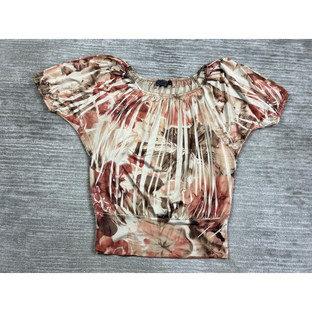 MCM Blouse Women Medium Brown Tan Floral Tropical Scoop Neck Short Sleeve Boho